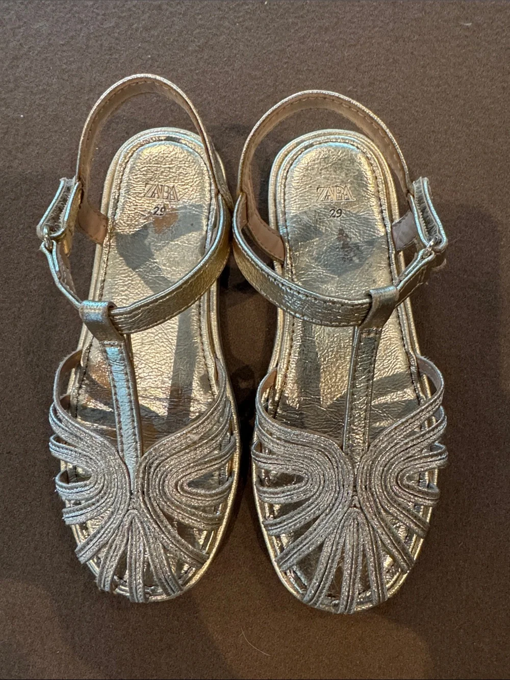 Zara Girls Metallic Gold T-Strap Sandals